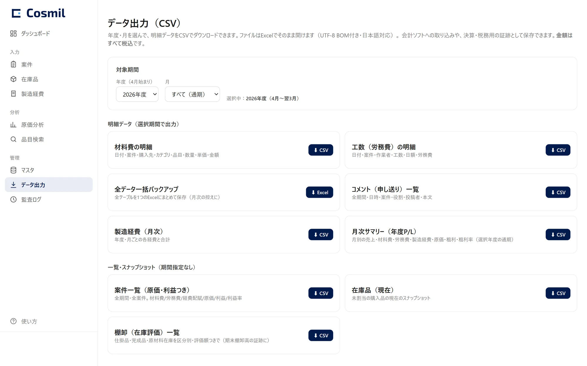 Cosmilのデータ出力画面。材料費・工数・経費・月次P/L・棚卸のCSV出力メニューを表示