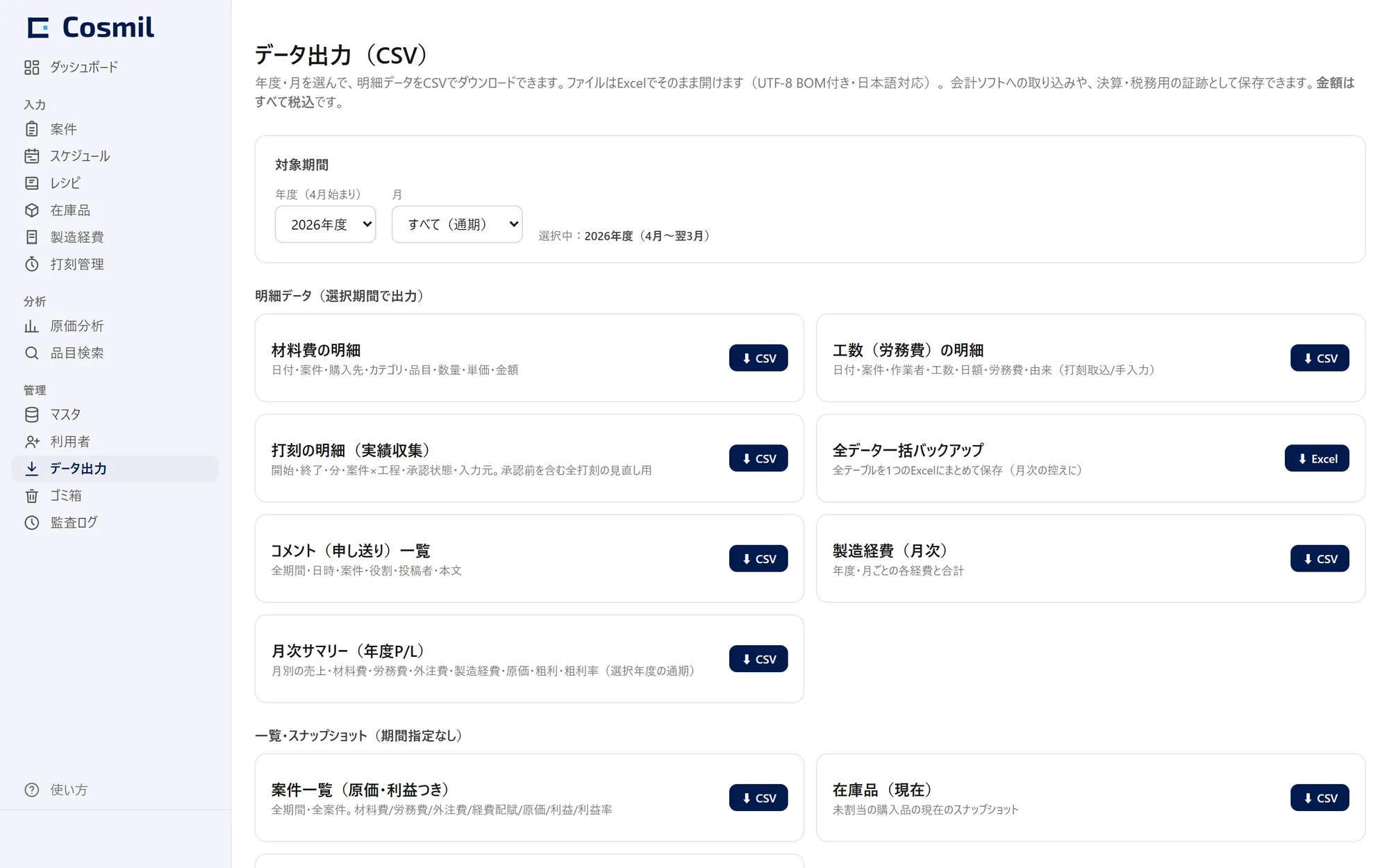 Cosmilのデータ出力画面。材料費・工数・経費・月次P/L・棚卸のCSV出力メニューを表示